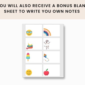 May include: A set of nine colourful cards with various images, including a smiling face with sunglasses, a rainbow, a banana, a lunchbox, a zebra, an ice cream cone, a kite, a winking smiley face, and a red apple.