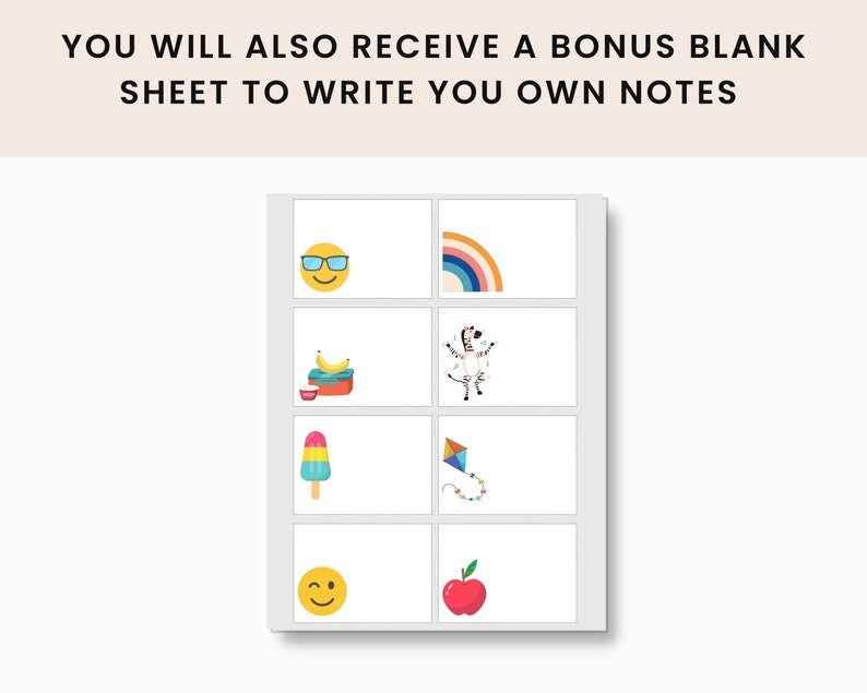 May include: A set of nine colourful cards with various images, including a smiling face with sunglasses, a rainbow, a banana, a lunchbox, a zebra, an ice cream cone, a kite, a winking smiley face, and a red apple.