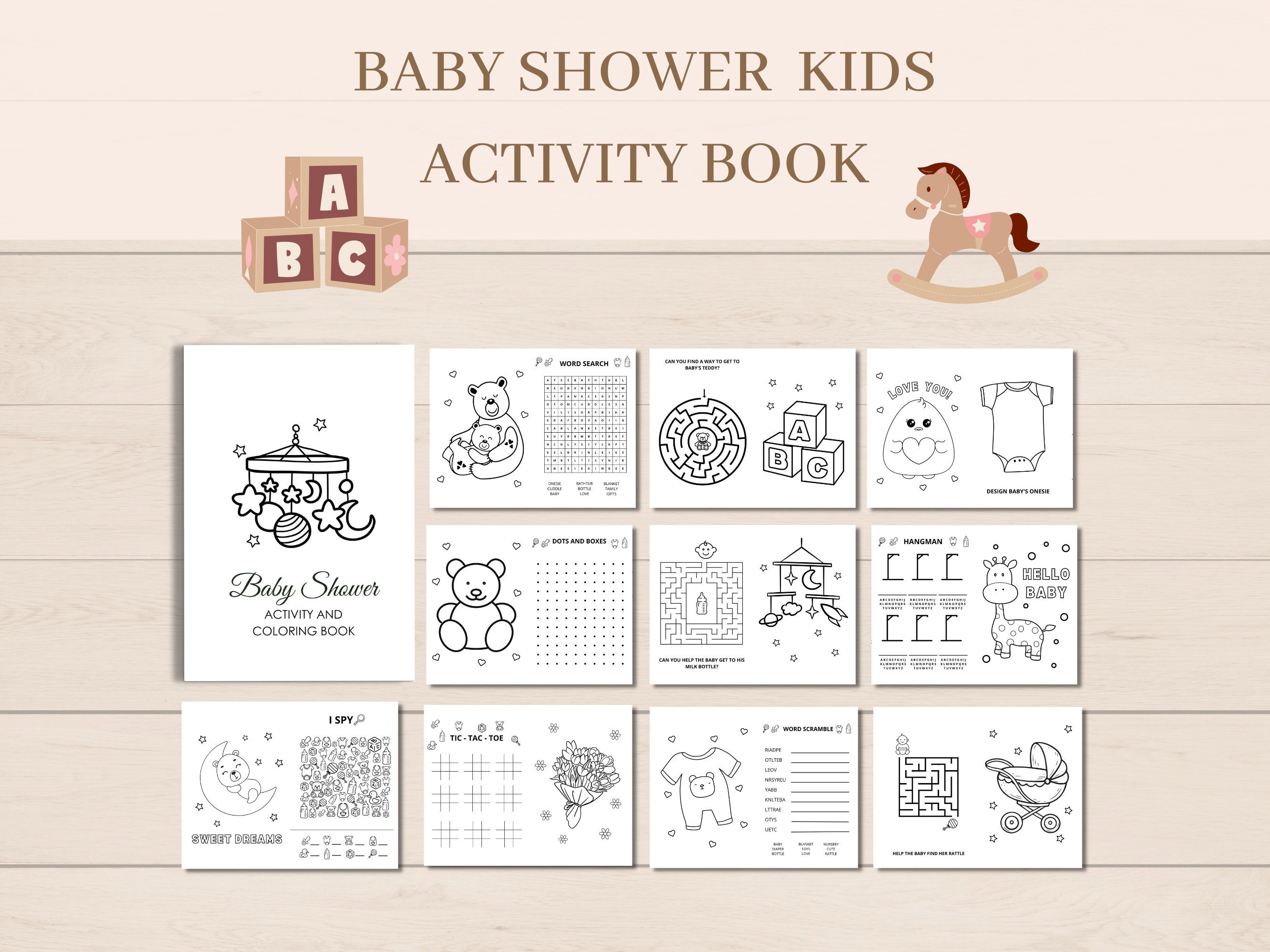 Attività per bambini Baby Shower, Libro di attività per Baby Shower, Giochi per Baby Shower, Attività per bambini, Colorazione per Baby Shower, Attività stampabile per bambini, PDF