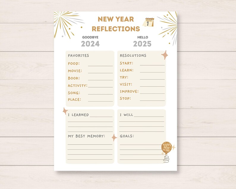 This fun New Year Activity is a perfect way to keep kids engaged on New Years Eve/ Holidays. The PDF has 2024 Year in Review section as well as 2025 goals and resolutions.