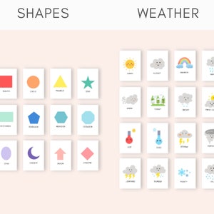 May include: A set of flashcards with colorful illustrations of shapes and weather conditions. The shapes include a square, circle, triangle, star, rectangle, pentagon, hexagon, octagon, oval, crescent, arrow, and diamond. The weather conditions include sunny, cloudy, rainbow, rainy, windy, foggy, snowy, partly cloudy, hot, cold, stormy, tornado, lightning, thunder, snowy, and hail.