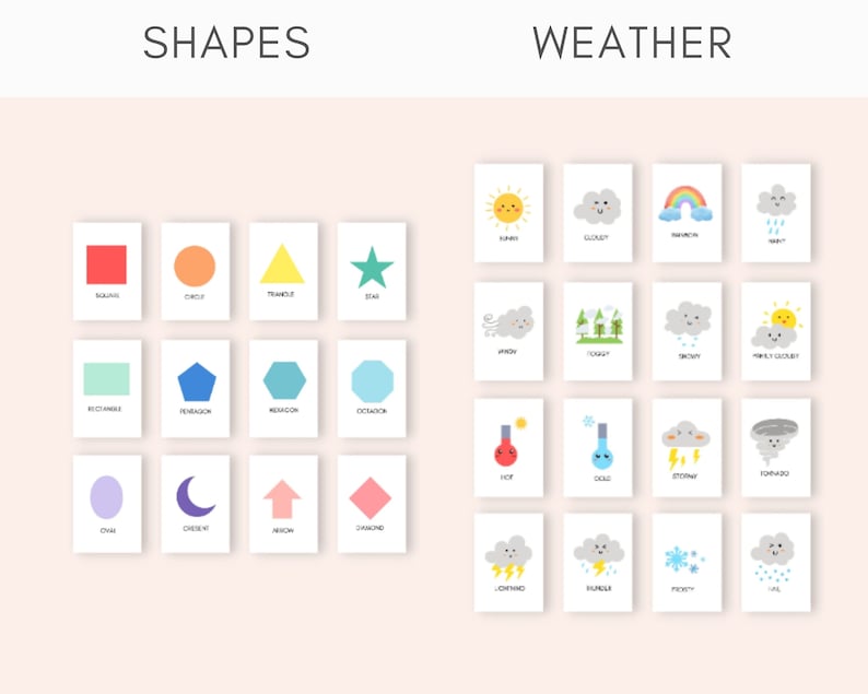 May include: A set of flashcards with colorful illustrations of shapes and weather conditions. The shapes include a square, circle, triangle, star, rectangle, pentagon, hexagon, octagon, oval, crescent, arrow, and diamond. The weather conditions include sunny, cloudy, rainbow, rainy, windy, foggy, snowy, partly cloudy, hot, cold, stormy, tornado, lightning, thunder, snowy, and hail.