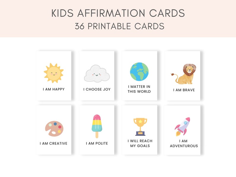 Carte di affermazione per bambini stampabili, carte di affermazione positiva per bambini, carte motivazionali, carte di positività per bambini, affermazione quotidiana immagine 1