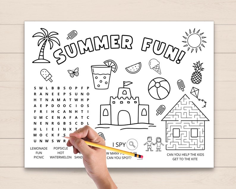 Keep your kids entertained this summer with our fun summer activity placemat! Perfect for a summer barbecue, picnic, or family gathering, this placemat features a variety of summer-themed activities and coloring pages.