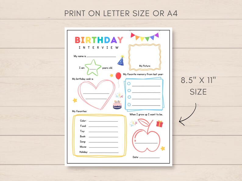 Celebrate your childs special day with this Kids Birthday Interview Printable! This fun and engaging keepsake is the perfect way to capture your little ones favorites, and milestones on their birthday.