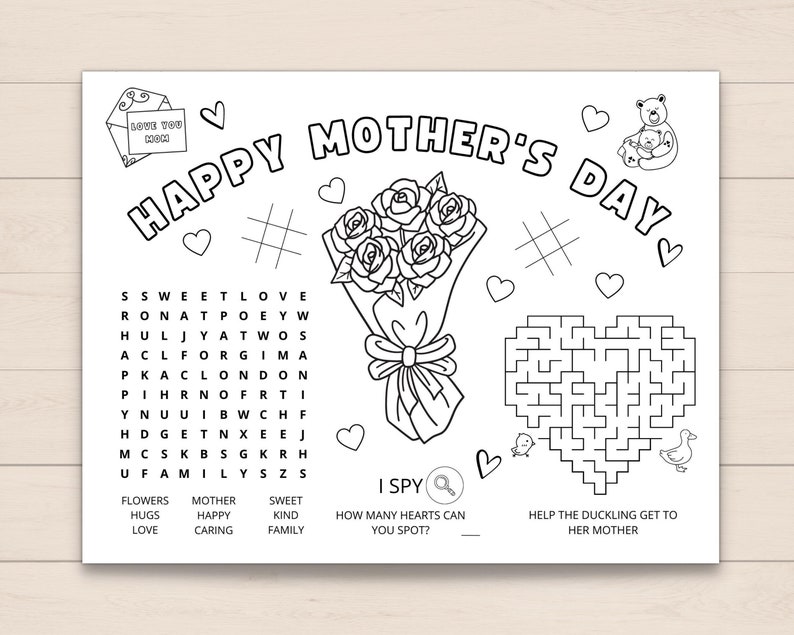 Celebrate Mother's Day with this printable Mother’s Day Activity Placemat for kids! This placemat features fun activities and coloring pages that will keep your child entertained while celebrating their amazing mom.