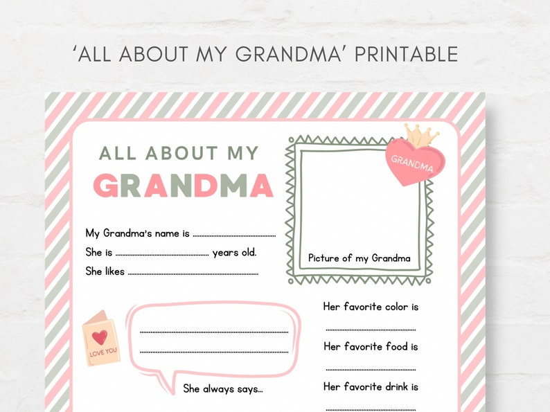 Keep kids engage with this Kids Mothers Day Printable, ‘All About Grandma’! This delightful childrens grandma interview activity is a perfect way for little ones to express their love and appreciation.