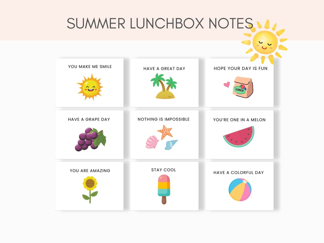 Summer Lunchbox Notes, Lunch Box Notes Printable, Lunch Notes for Kids ...