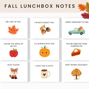 May include: Nine white cards with fall-themed illustrations and text. The cards feature images of a maple leaf, acorns, a truck with pumpkins, an apple, a pumpkin, pumpkin pie, a fox, a coffee mug, and a tree. Text includes phrases like "I be-leaf in you" and "I love you a latte."