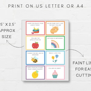 These Lunchbox notes are a perfect way to brighten your child's day! Simply print and cut, add a note at back or leave it blank. You will also receive a bonus blank sheet to write your own notes, print as many time as you need.
