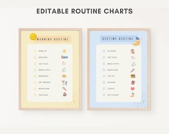 May include: Two printable routine charts for children. The chart on the left is yellow with a sun and the text "Morning Routine". The chart on the right is blue with a moon and the text "Bedtime Routine". Both charts have checkboxes and illustrations.