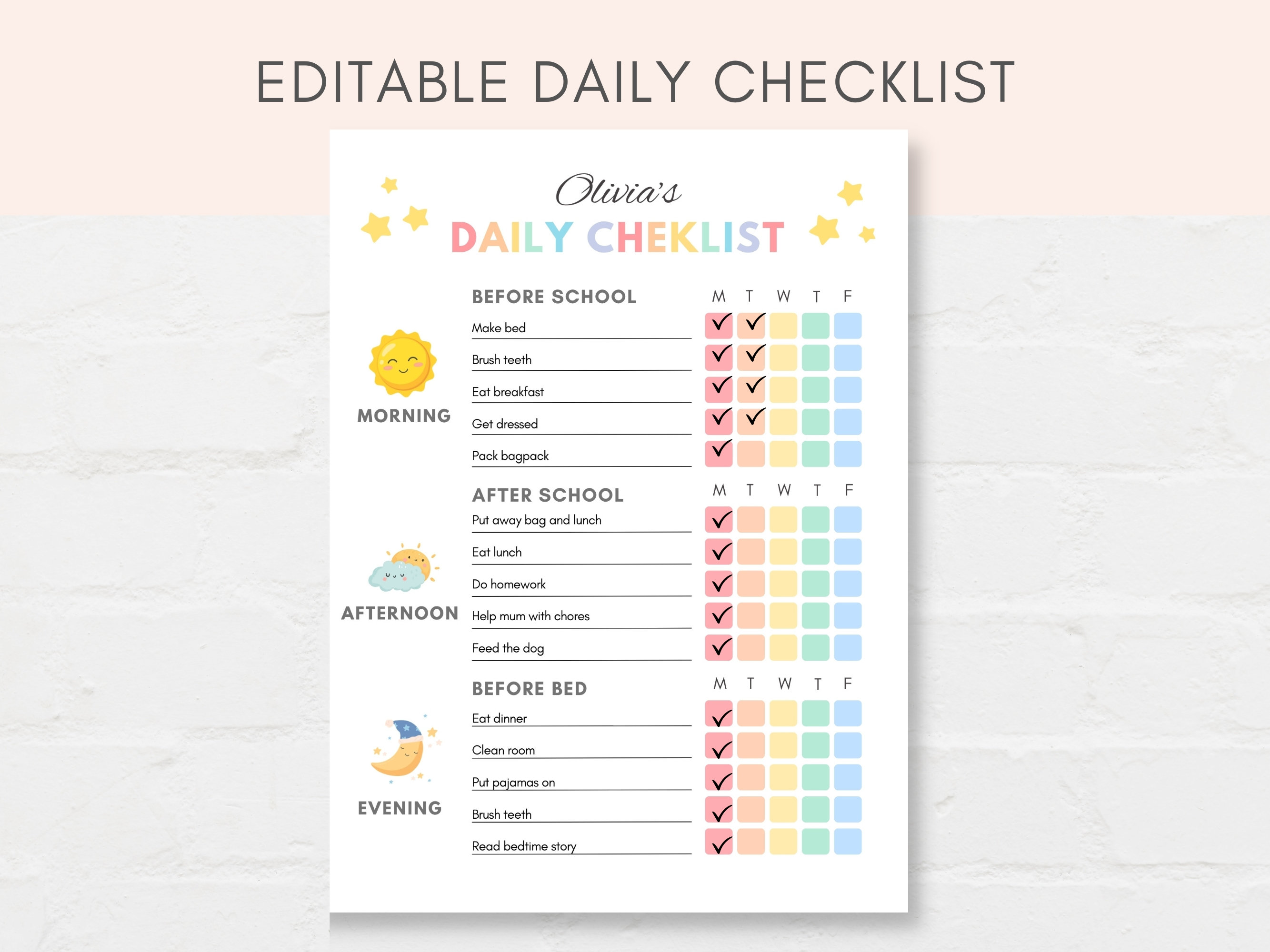 Kids Daily Checklist, Kids Daily Schedule, Editable Kids Daily ...