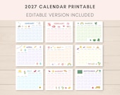 2027 Calendar Printable, Kids Calendar 2027, Printable Calendar, Editable Calendar, 2027 Calendar, Cute 2027 Calendar, Kids Monthly Planner