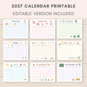 2027 Calendar Printable, Kids Calendar 2027, Printable Calendar, Editable Calendar, 2027 Calendar, Cute 2027 Calendar, Kids Monthly Planner