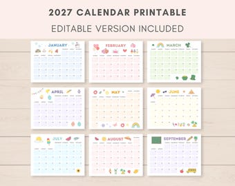 May include: A printable 2027 calendar with an editable version included. Each month is displayed on a separate square, with colorful illustrations and themed decorations. The months are January, February, March, April, May, June, July, August, and September.