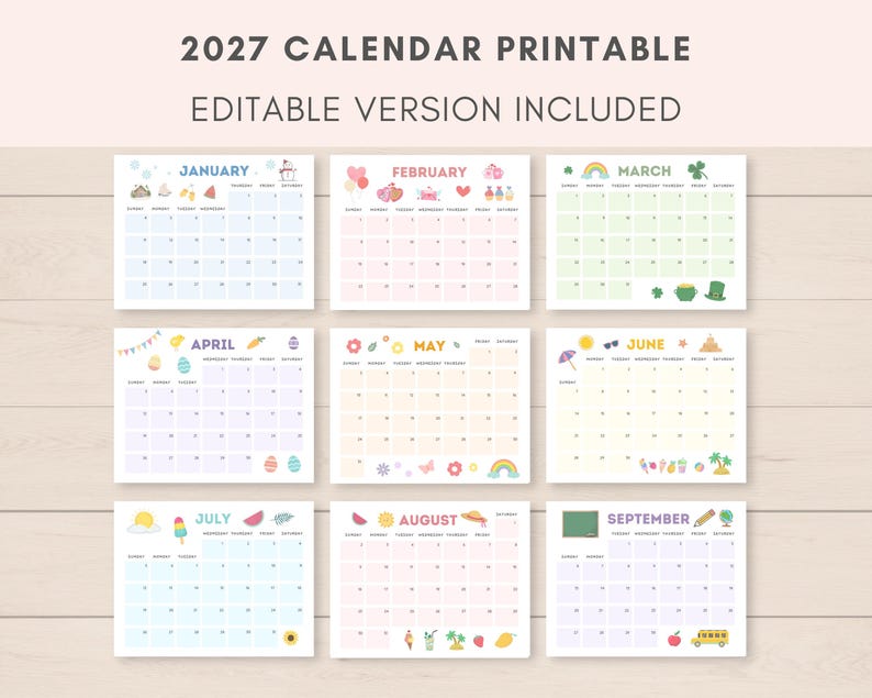 This cute 2027 calendar printable is a fun way to keep track of dates and events throughout the year. It includes ready to print and editable version.