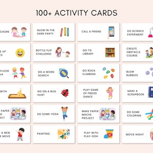 K&ouml;nnte beinhalten: Ein Satz mit 100 Aktivit&auml;tskarten mit bunten Illustrationen und Text. Die Karten zeigen Aktivit&auml;ten f&uuml;r Kinder, wie z. B. Spiele spielen, basteln und Abenteuer erleben. Die Karten sind perfekt, um Kinder zu unterhalten und zu besch&auml;ftigen.