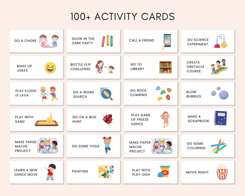 K&ouml;nnte beinhalten: Ein Satz mit 100 Aktivit&auml;tskarten mit bunten Illustrationen und Text. Die Karten zeigen Aktivit&auml;ten f&uuml;r Kinder, wie z. B. Spiele spielen, basteln und Abenteuer erleben. Die Karten sind perfekt, um Kinder zu unterhalten und zu besch&auml;ftigen.