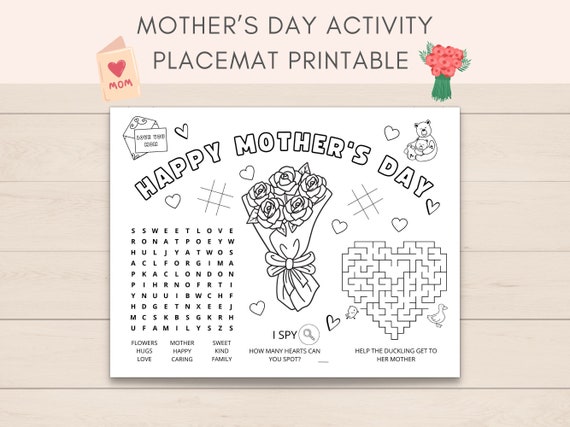 Mother’s Day Activity Placemat, Mother’s Day Activity, Kids Activities, Kids Placemat, Mother’s Day Games, Coloring Placemat Printable