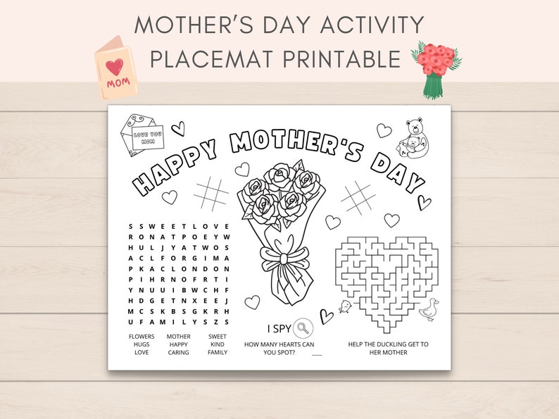 Celebrate Mothers Day with this printable Mother’s Day Activity Placemat for kids! This placemat features fun activities and coloring pages that will keep your child entertained while celebrating their amazing mom.