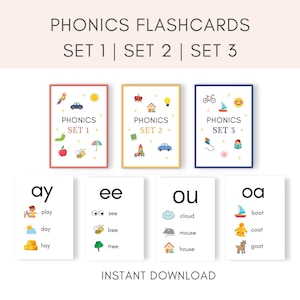 Flashcard Phonics, set 1, set 2, set 3, Phonics stampabile, Flashcard stampabili, risorsa per i primi anni, fonetica britannica, EYFS, homeschooling, PDF