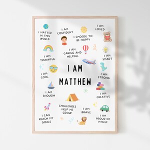 This printable personalised boys affirmation wall art is perfect to encourage kids to see themselves in a positive light.

Practicing positive affirmations helps kids building self esteem and confidence and reduces stress.