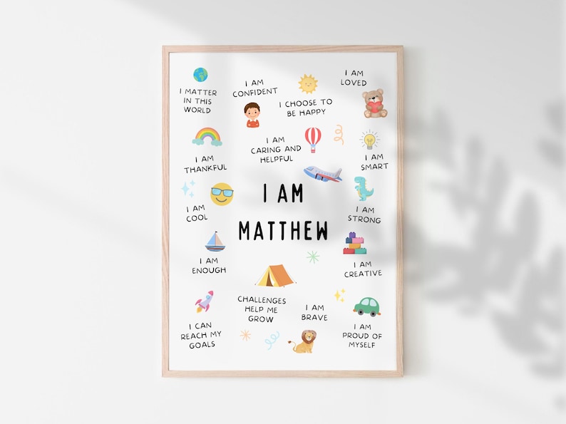This printable personalised boys affirmation wall art is perfect to encourage kids to see themselves in a positive light.

Practicing positive affirmations helps kids building self esteem and confidence and reduces stress.
