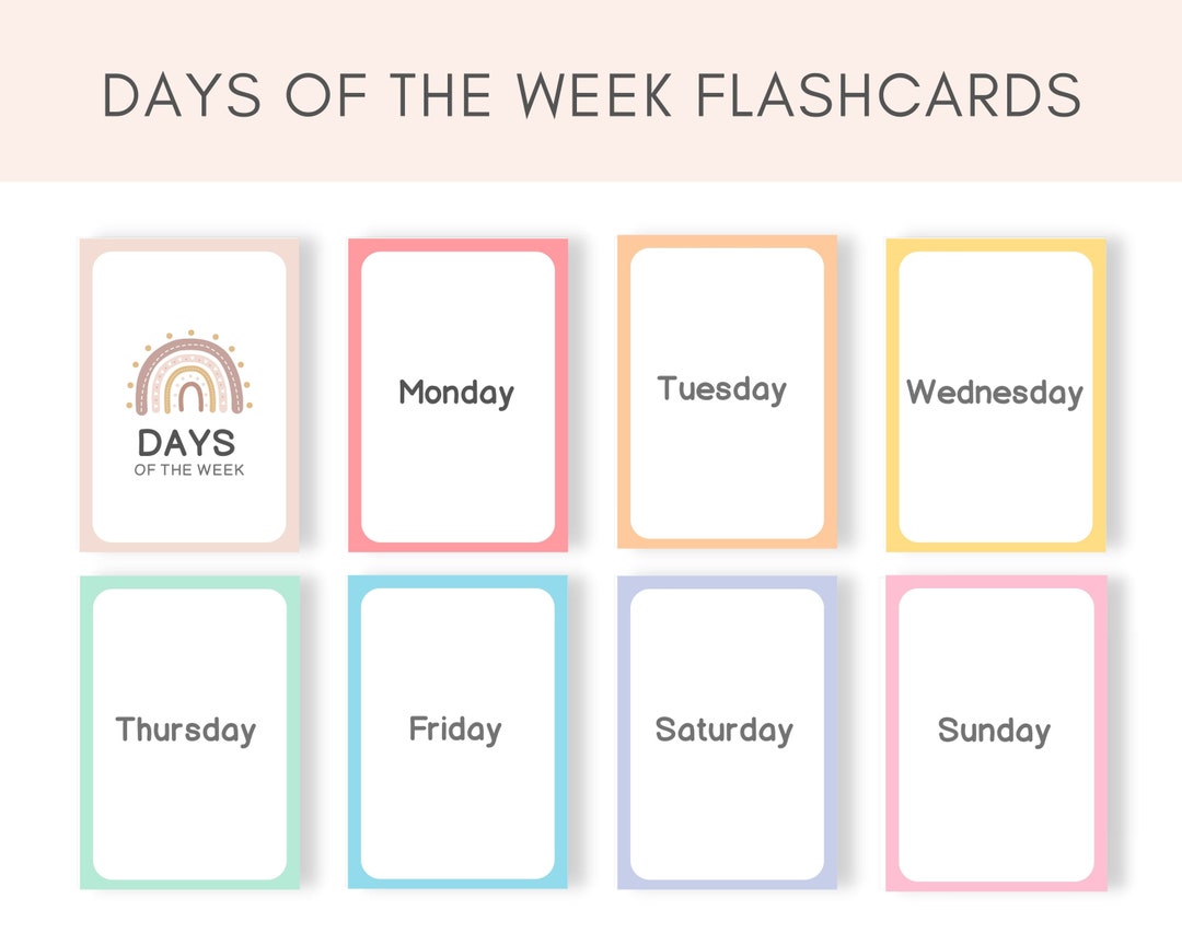 Days of the Week Flashcards Flash Cards Printable Days of - Etsy