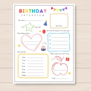 Kids birthday interview, Birthday Questions, Kids Birthday Printable, Birthday Activity, Birthday Questionnaire, Birthday keepsake, Birthday