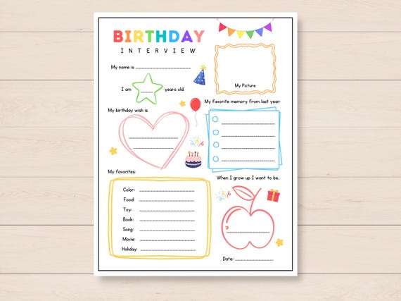 Kids birthday interview, Birthday Questions, Kids Birthday Printable, Birthday Activity, Birthday Questionnaire, Birthday keepsake, Birthday