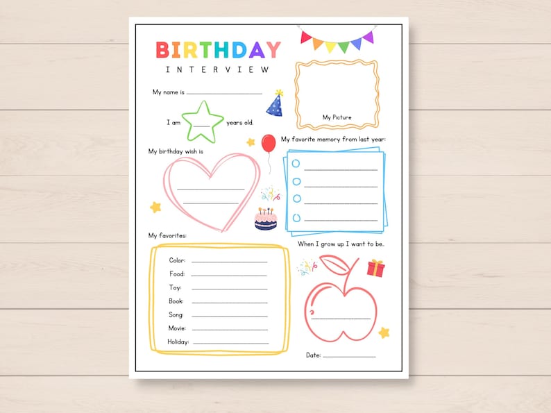 Celebrate your childs special day with this Kids Birthday Interview Printable! This fun and engaging keepsake is the perfect way to capture your little ones favorites, and milestones on their birthday.