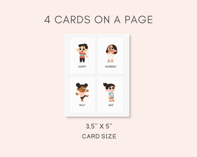 Puede incluir: Cuatro tarjetas imprimibles con ilustraciones de dibujos animados de ni&ntilde;os que expresan diferentes emociones: feliz, preocupado, tonto y triste. Cada tarjeta mide 3,5 pulgadas por 5 pulgadas.