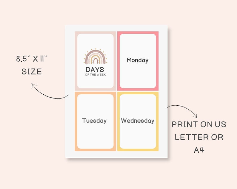 K&ouml;nnte beinhalten: Druckbare Karten mit einem Regenbogen-Design und dem Text "Days of the Week". Die Karten sind mit den Wochentagen beschriftet: Montag, Dienstag, Mittwoch. Die Karten sind 8,5 Zoll mal 11 Zoll gro&szlig; und k&ouml;nnen auf A4- oder US-Letter-Papier gedruckt werden.