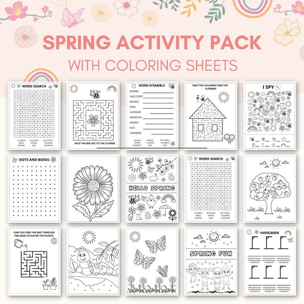 Spring Activity Printable, Spring Coloring Pages, Spring Games, Spring Activity Pack, Spring Word Search, Spring I Spy, Hello Spring