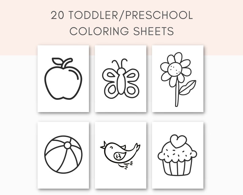 May include: Black and white line drawings of various objects, including an apple, butterfly, flower, beach ball, bird, and cupcake. These images are suitable for colouring pages for toddlers and preschoolers.