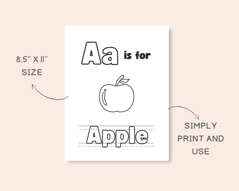 May include: Black and white printable worksheet featuring the letter A and an apple. The worksheet includes the text "Aa is for Apple" and dotted lines for tracing the word "Apple". The worksheet is 8.5 inches by 11 inches.