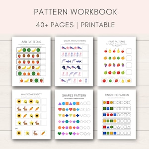 May include: A printable workbook with 40+ pages of pattern activities for children. The pages feature colourful illustrations of fruits, ocean animals, shapes, and other objects. The workbook is designed to help children learn about patterns and develop their problem-solving skills.
