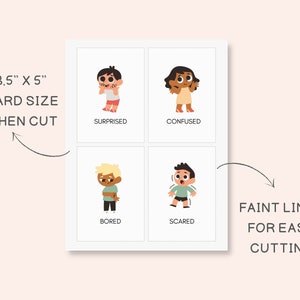 Puede incluir: Una hoja imprimible de cuatro tarjetas de 3,5" x 5" con ilustraciones de ni&ntilde;os que expresan diferentes emociones: sorprendido, confundido, aburrido y asustado. Se incluyen l&iacute;neas tenues para facilitar el corte.
