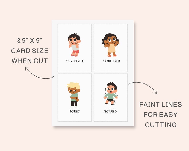 Puede incluir: Una hoja imprimible de cuatro tarjetas de 3,5" x 5" con ilustraciones de ni&ntilde;os que expresan diferentes emociones: sorprendido, confundido, aburrido y asustado. Se incluyen l&iacute;neas tenues para facilitar el corte.