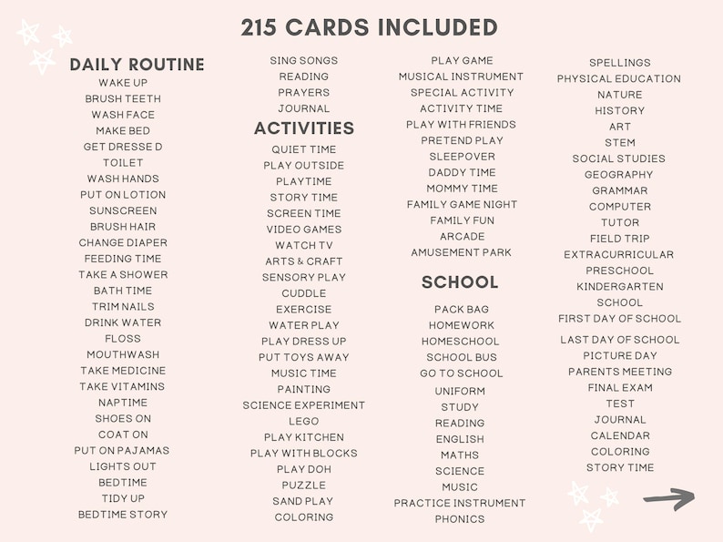 Transform your child's daily routine into an organized, fun adventure with this comprehensive Kids Routine Cards & Charts Set. This versatile kit includes 215 activity cards and 16 charts, ensuring your child's daily life is structured and engaging.