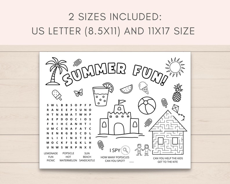 Keep your kids entertained this summer with our fun summer activity placemat! Perfect for a summer barbecue, picnic, or family gathering, this placemat features a variety of summer-themed activities and coloring pages.