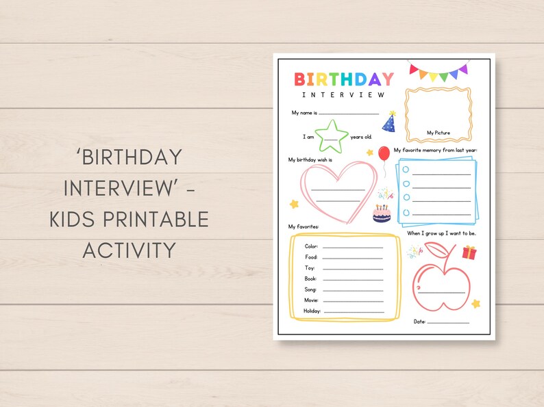 Celebrate your childs special day with this Kids Birthday Interview Printable! This fun and engaging keepsake is the perfect way to capture your little ones favorites, and milestones on their birthday.
