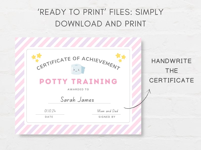 Establish a consistent routine and make potty training a delightful journey for both you and your child with this Potty Chart Printable and Commend your little one's potty success with our Potty Training Certificate Printable!