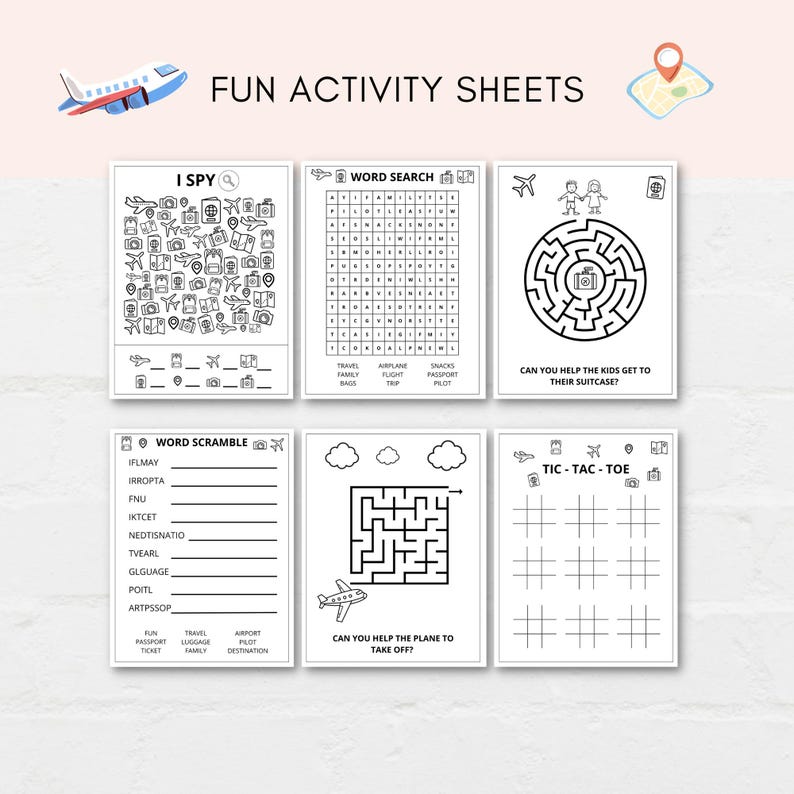 Keep kids busy while travelling with this Airplane Activities Printable Pack. This comprehensive pack is filled with fun games and coloring sheets designed to keep little ones entertained during long trips and flights.
