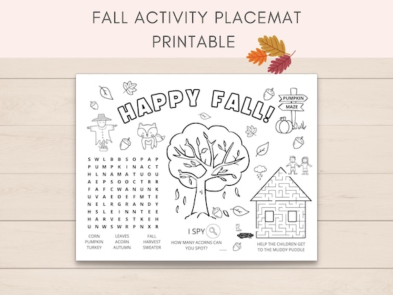 Fall Activity Placemat Printable, Fall Activities, Fall Printable, Fall Kids Activity, Fall Coloring Pages, Printable Placemat, Fall Fun