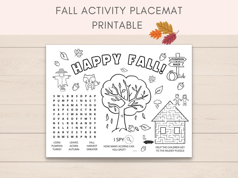 Keep your kids entertained this fall with our fun fall activity placemat! Perfect for a Thanksgiving gatherings, fall parties, or even a cozy afternoon at home. This placemat features a variety of fall activities and coloring pages.