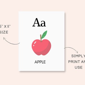 May include: Printable alphabet flashcard featuring the letter "A" in uppercase and lowercase, with a red apple illustration and the word "APPLE" printed below. The card is 8.5 inches by 11 inches.