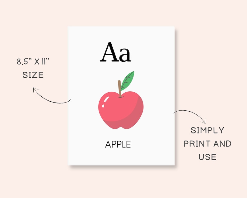May include: Printable alphabet flashcard featuring the letter "A" in uppercase and lowercase, with a red apple illustration and the word "APPLE" printed below. The card is 8.5 inches by 11 inches.