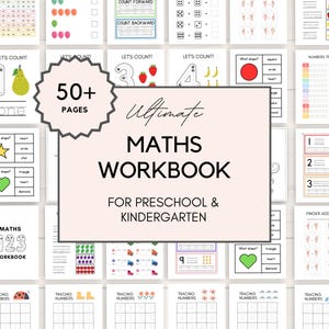 May include: A pink and white printable workbook with the text "Ultimate Maths Workbook for Preschool & Kindergarten" and "50+ Pages". The workbook includes a variety of maths activities for preschool and kindergarten children, such as counting, tracing numbers, and shape recognition.
