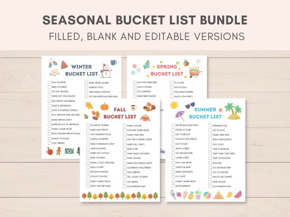 BUCKETLIST BUNDLE, Seasonal Bucket list, Fall Bucket list, Summer Bucket list, Winter Bucket list, Spring Bucket list, Bucket list for Kids